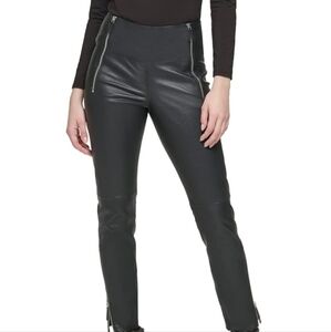 Karl Lagerfeld Black Straight Leg Leather Cargo Pants with Zipper Accents